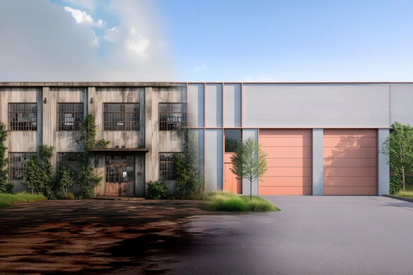 Verouderde bedrijfssite die overgaat in een nieuw bedrijfsgebouw na reconversie