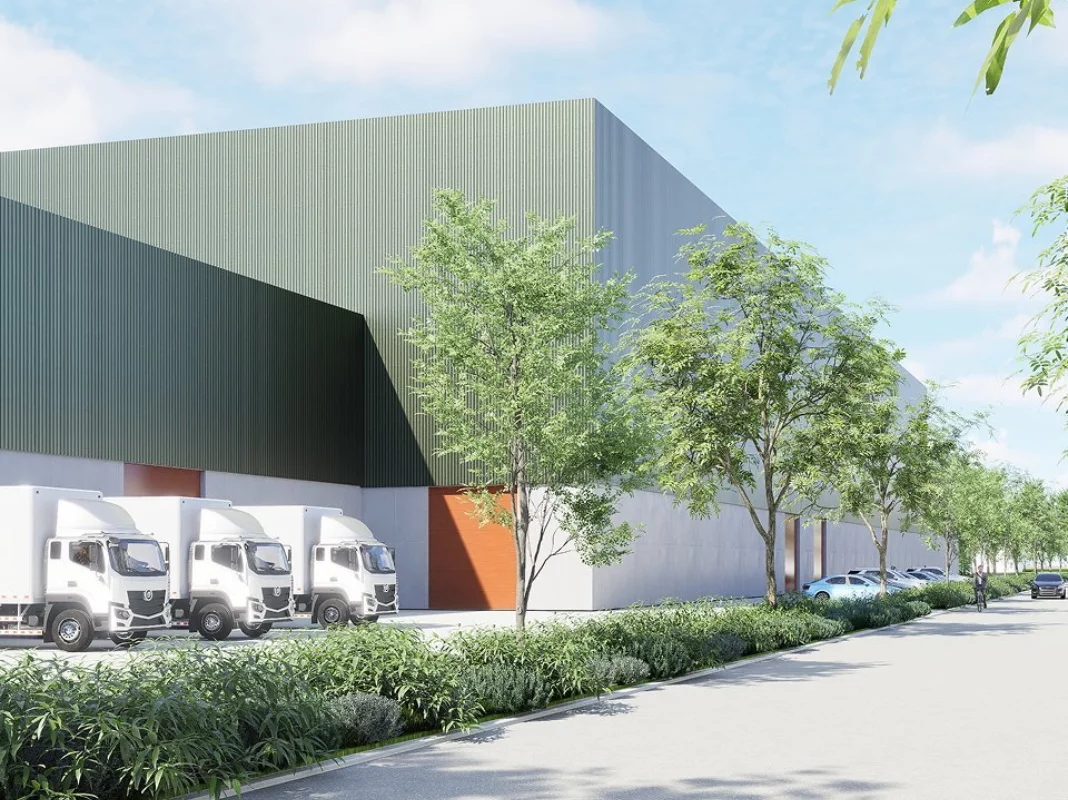Render van een logistiek bedrijfsgebouw op Twee Kranen