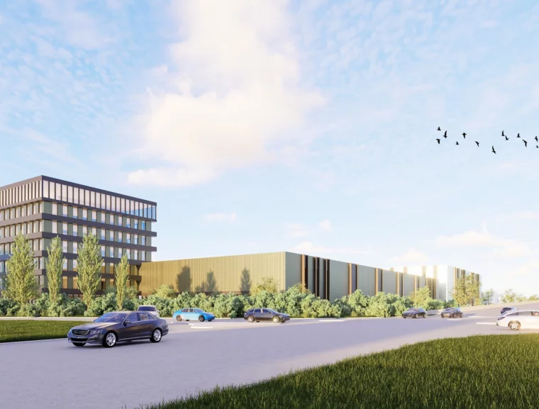 Render van Twee Kranen in Zwijndrecht met bedrijfsgebouwen en groene omgeving