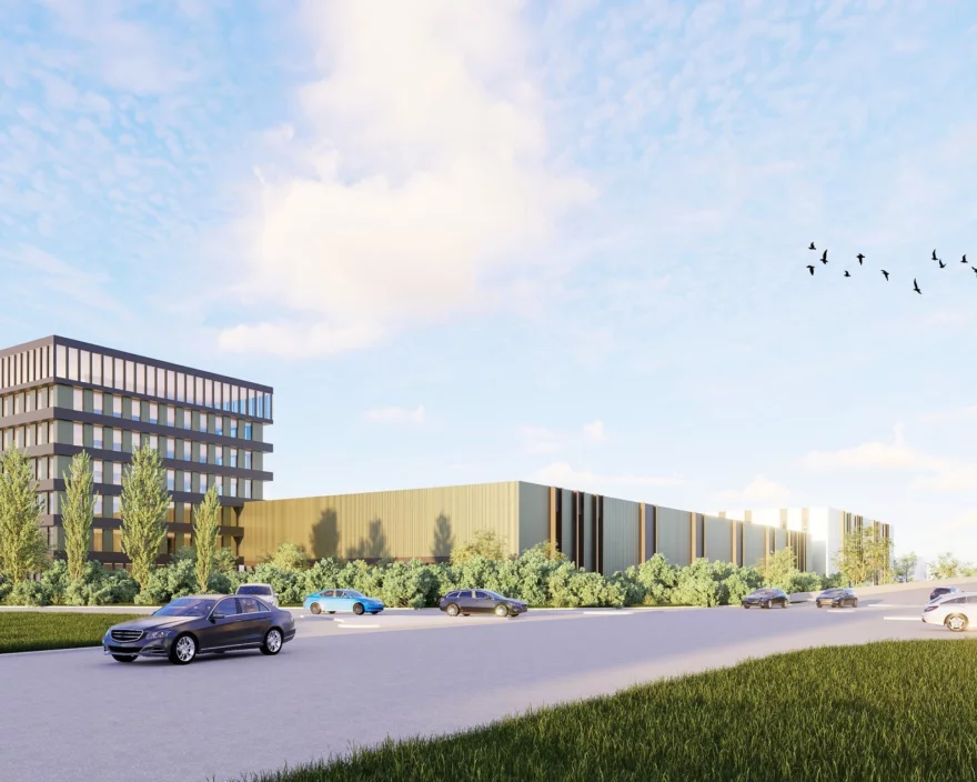 Render van Twee Kranen in Zwijndrecht met bedrijfsgebouwen en groene omgeving